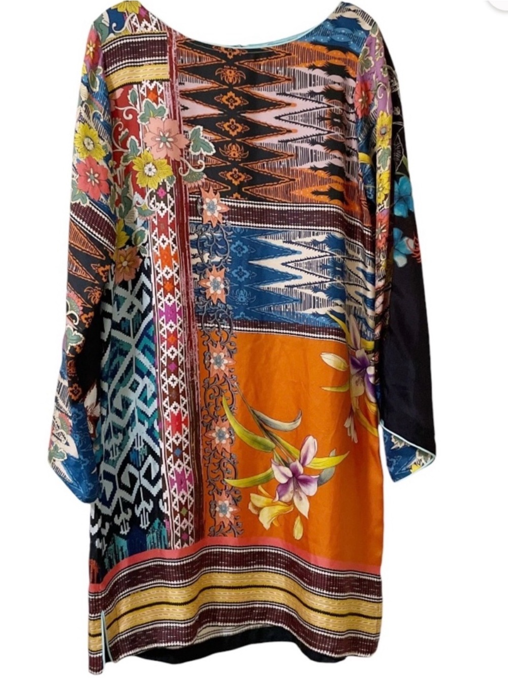 Johnny Was Multicolor Patchwork Boho Tunic with Teal Trim